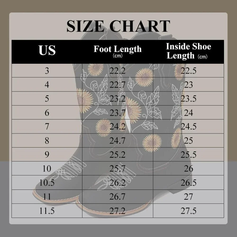 Women Black Mid-Calf Cowgirl Western Boots Embroidered Sunflower Low Heel